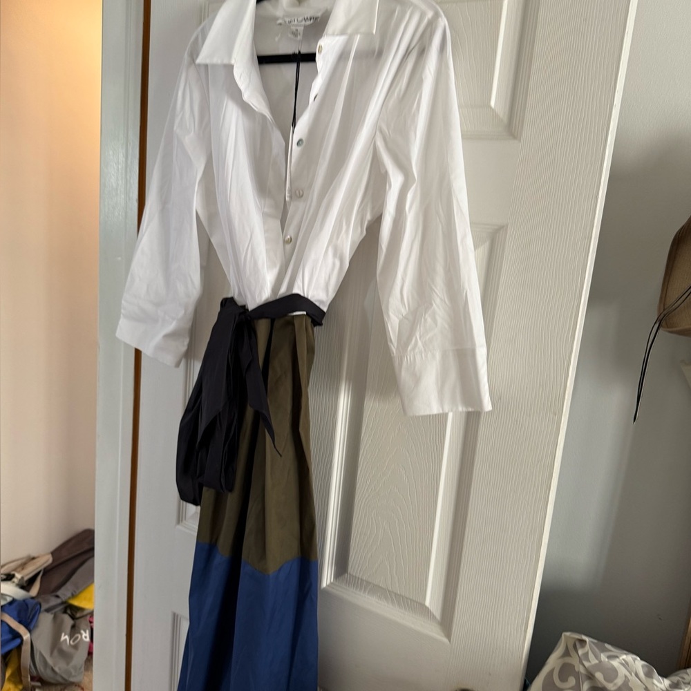 Sara Campbell Classic White Blouse with Black Olive and Blue Trim